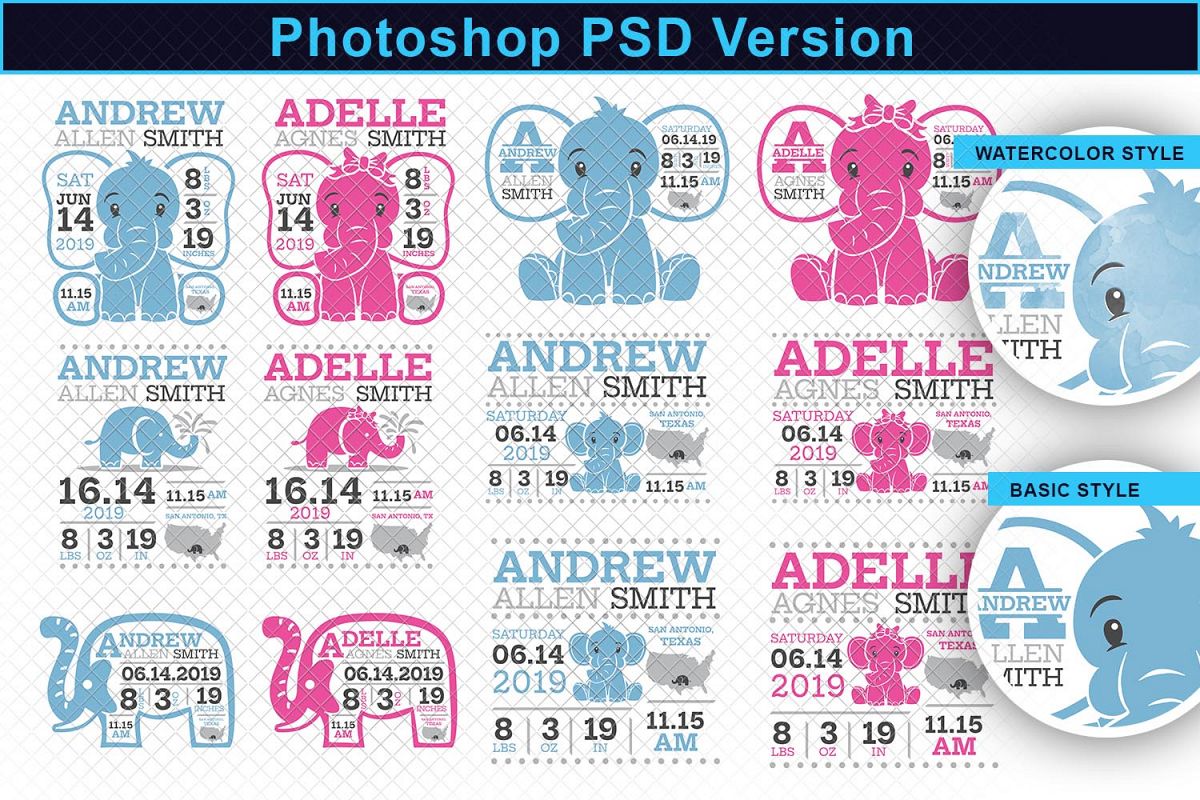 Elephant Birth Stats Announcement PSD Template Watercolor example image 1