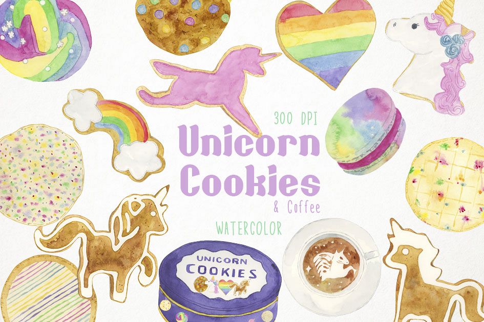 Watercolor Cookies Clipart, Unicorn Cookies Clip Art example image 1