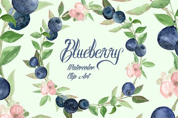 Watercolor Blueberries Clip Art example image 1