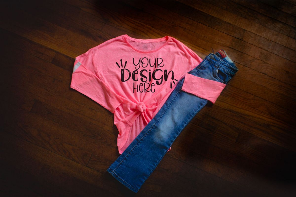 Youth girls Pink shirt with jeans mockup example image 1