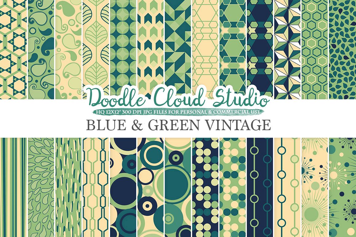 Blue and Green Retro digital paper, Geometric Vintage patterns, Cream digital Cream backgrounds for Personal & Commercial Use example image 1