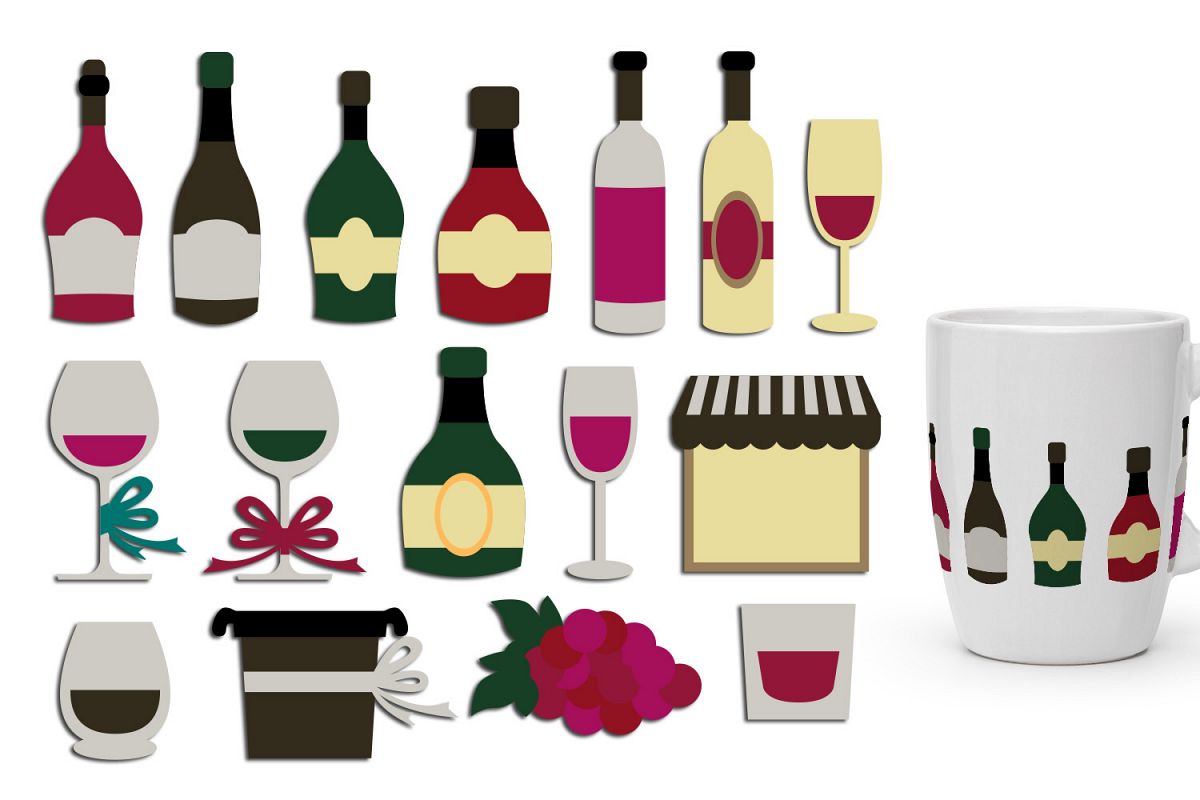 Wine bottles, wine glasses clip art graphic illustration