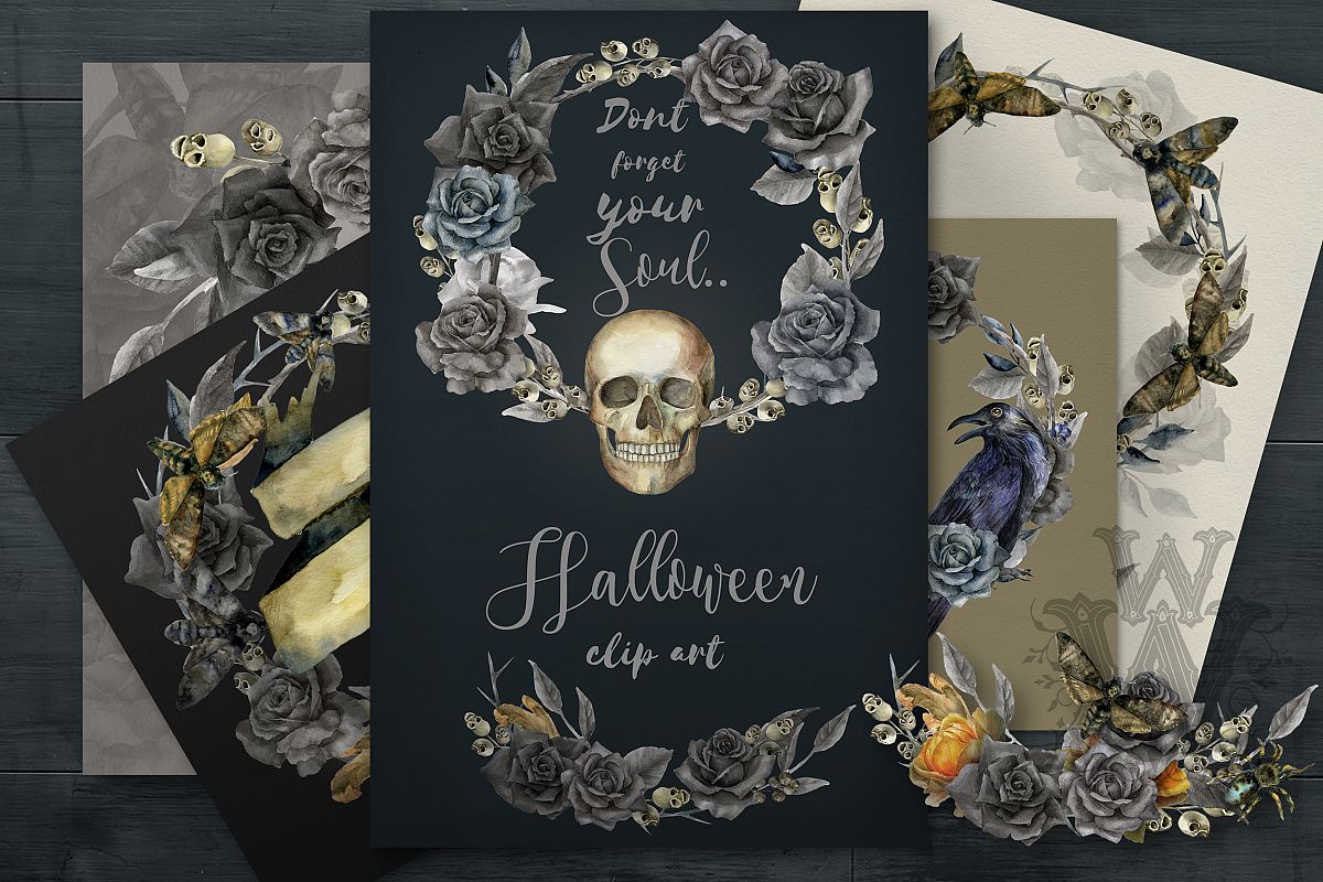 Watercolor Halloween compositions, skull bouquets wreath example image 1