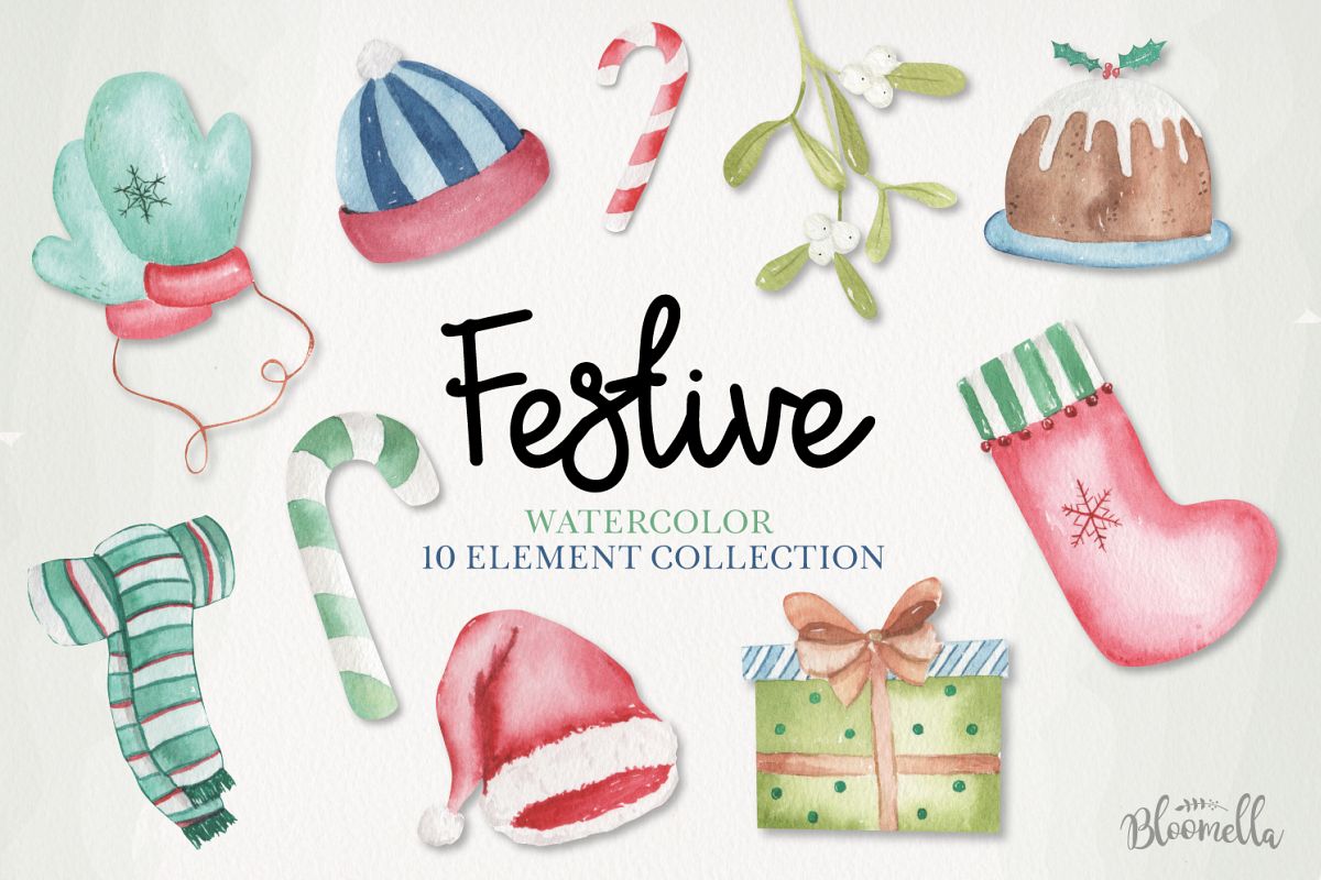 Festive Holiday Watercolor 10 Elements Christmas Painted example image 1