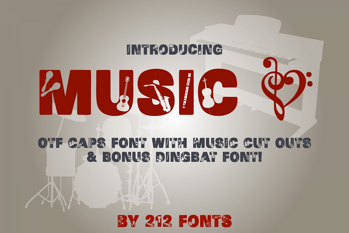 212 Music Caps Display Font Instruments Notes Alphabet OTF example image 1