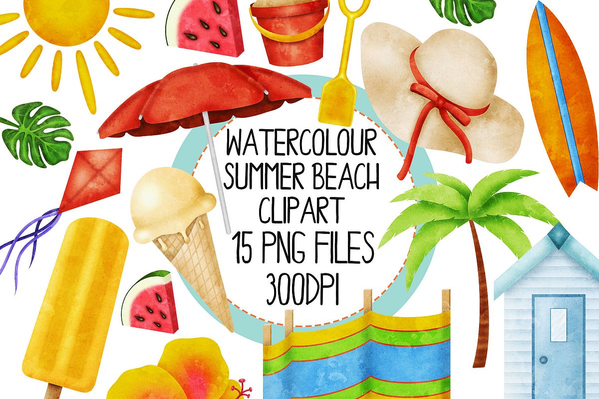 Watercolor Summer Beach Clip Art Set 1 example image 1