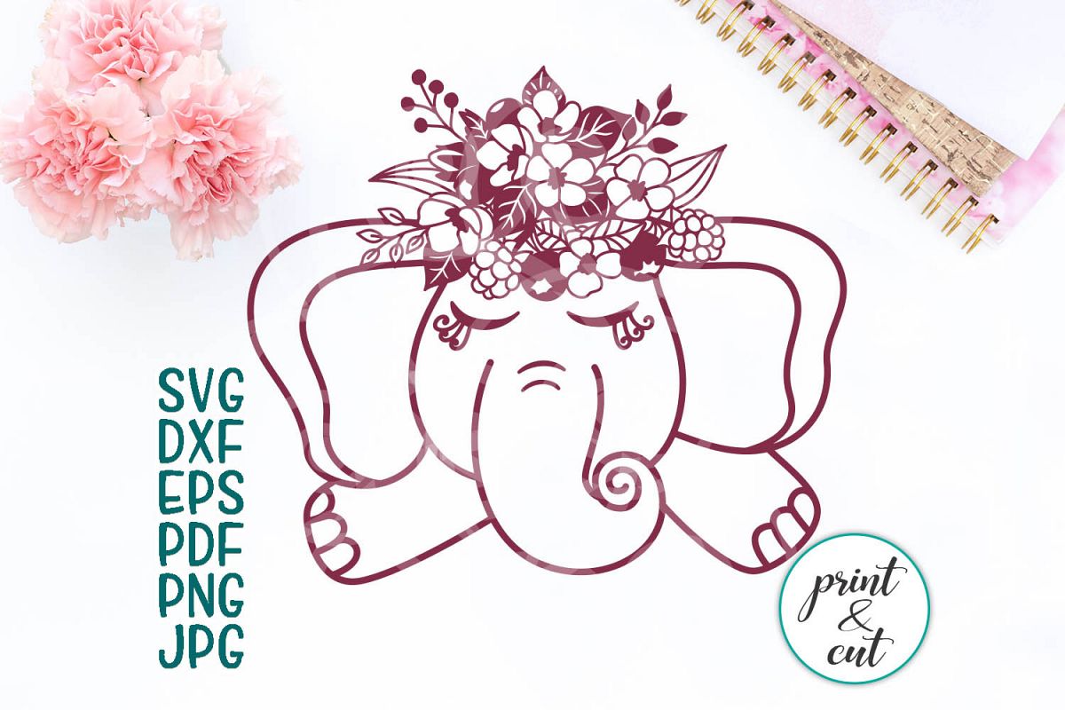 Download baby elephant with flowers svg, machine cutting print file (114273) | SVGs | Design Bundles