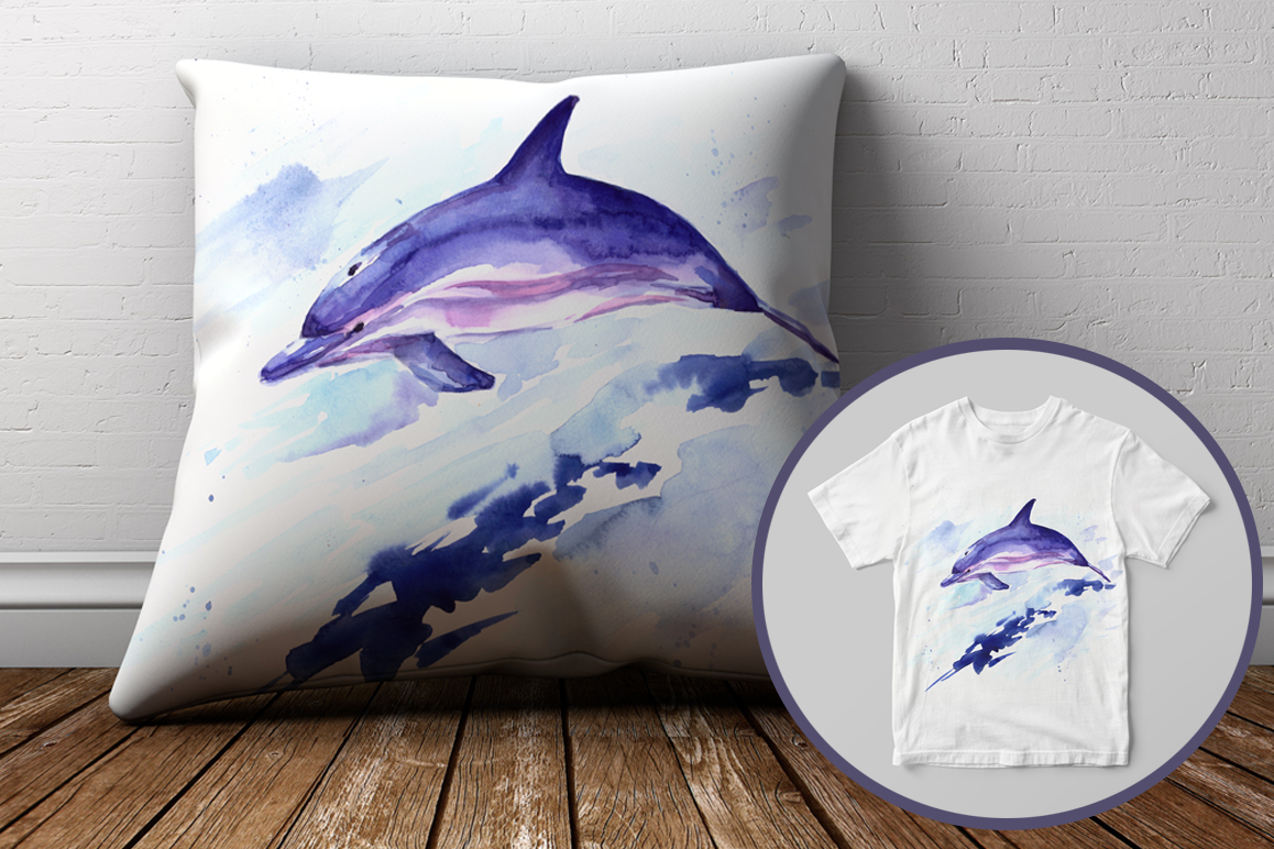 Watercolor Jumping Dolphin Print & Clip Art example image 1
