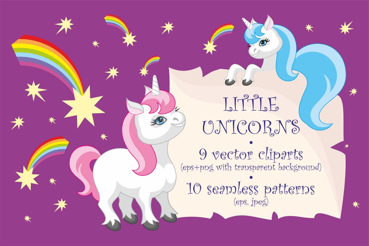 Little unicorns. Vector clip arts and patterns. example image 1