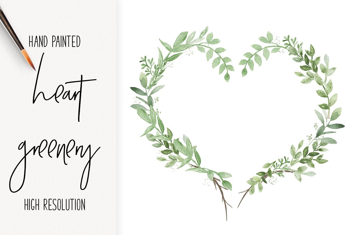 Heart Shaped Greenery Watercolor Wreath - PNG Clip Art