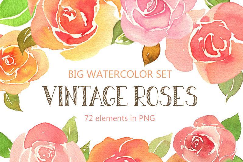 Watercolor vintage roses set 72 png example image 1