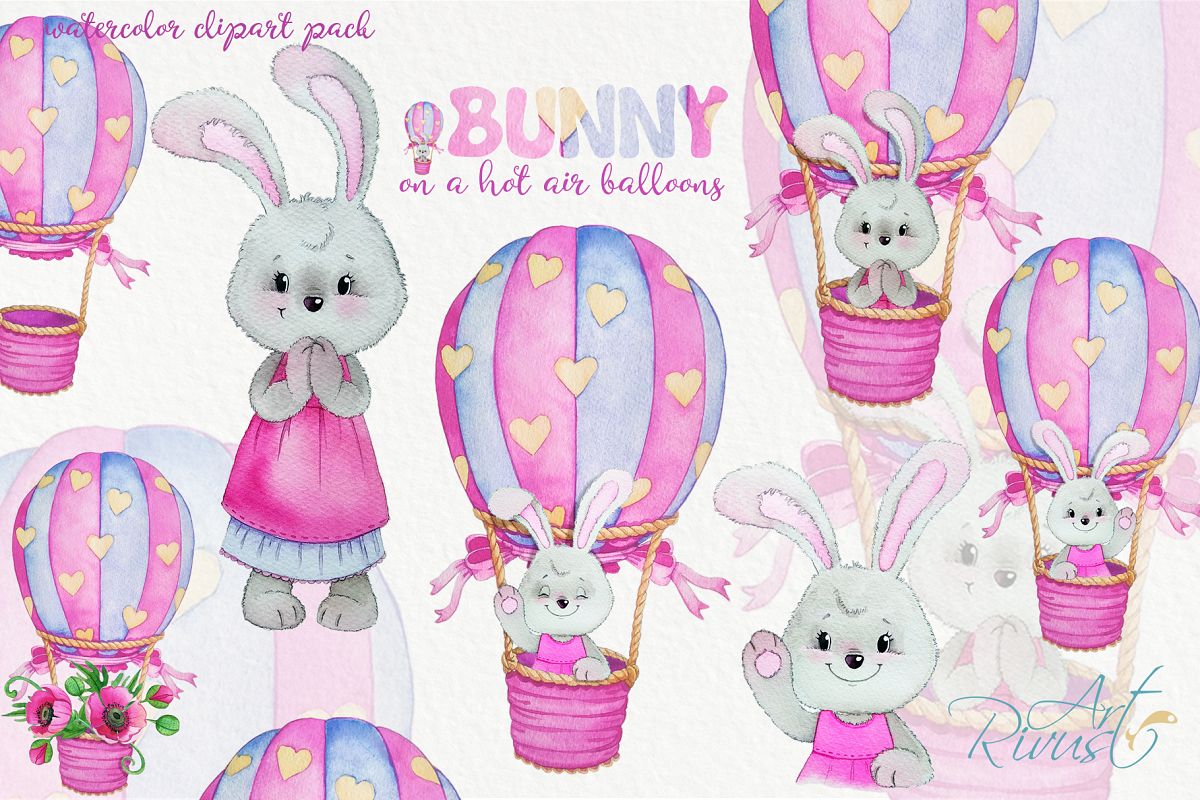 Clipart set watercolor bears with seagull hot air balloons example image 1