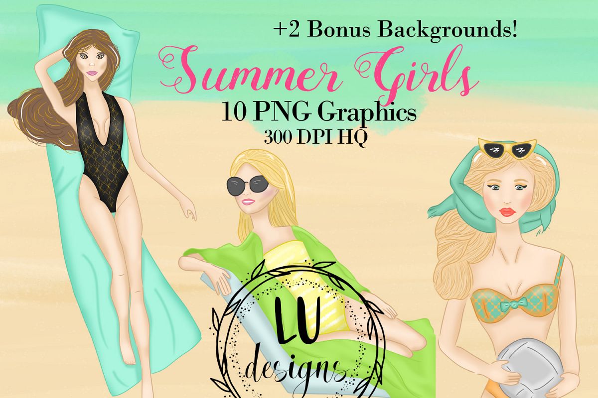 Summer Girls Clipart, Beach Clipart, Girl Illustrations example image 1