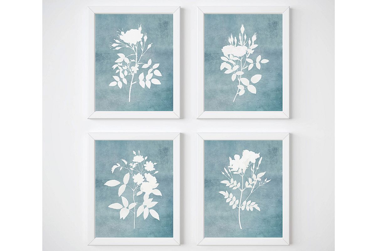 Light Blue Wall Art, Watercolor Flowers Wall Art, Set of 4 example image 1