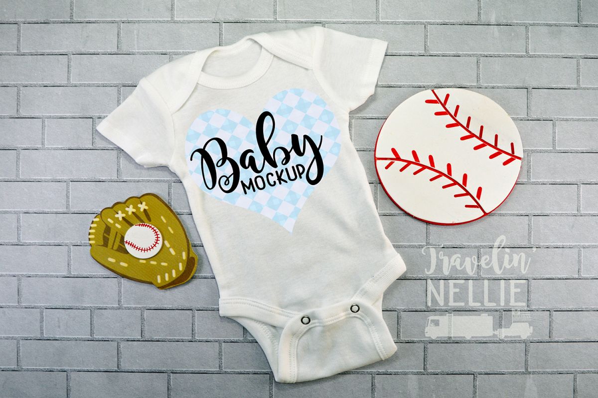 Baby Boy Baseball Theme White Blank Bodysuit Mockup Flat Lay example image 1
