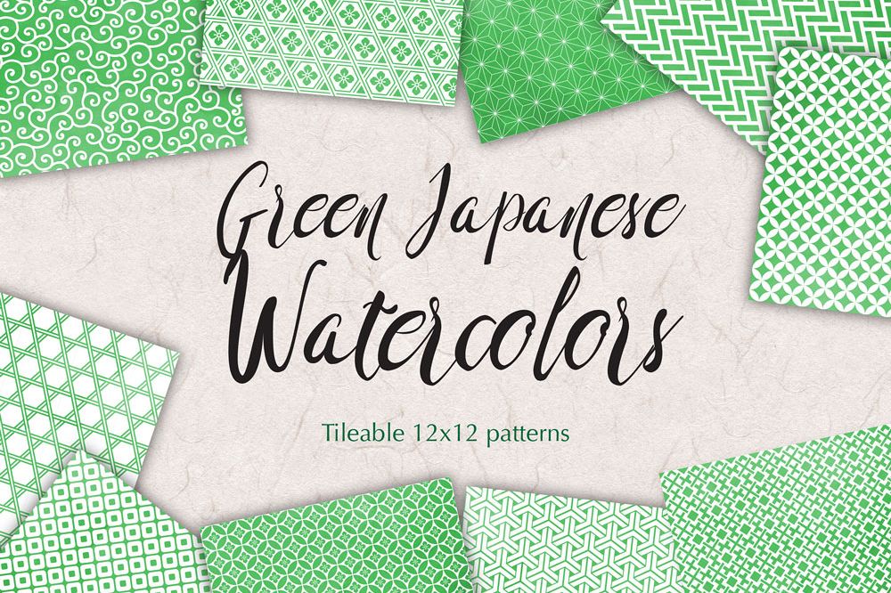 Greenery Digital Paper Japanese Background Patterns in Green example image 1