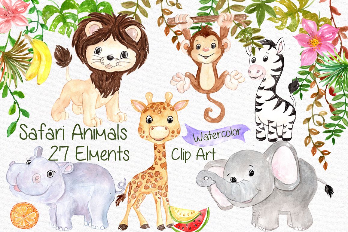 Watercolor Safari animals clipart (23947) | Illustrations | Design Bundles