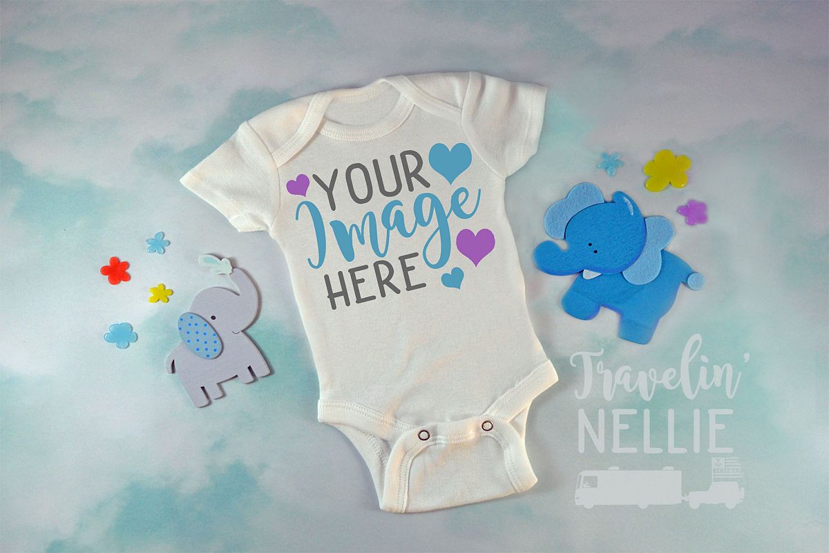 Baby Boy Elephant White Blank Bodysuit Mockup Flat Lay Photo example image 1