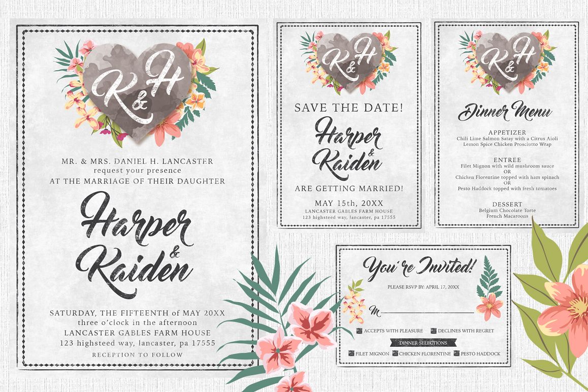 Chalk Floral Wedding Invite Bundle example image 1