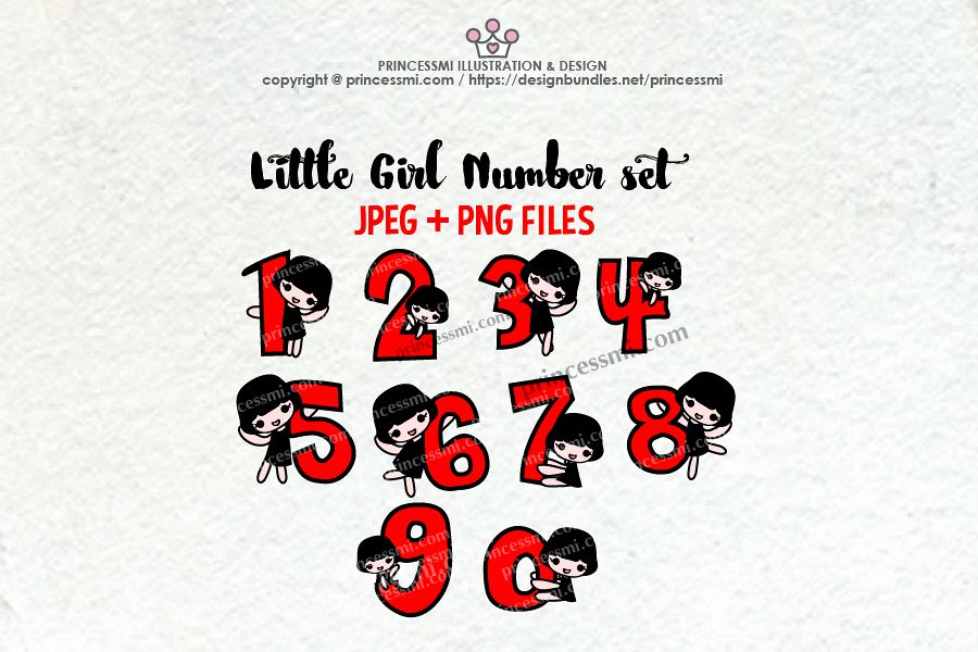 little girl Number set , 1 to zero number clipart set example image 1