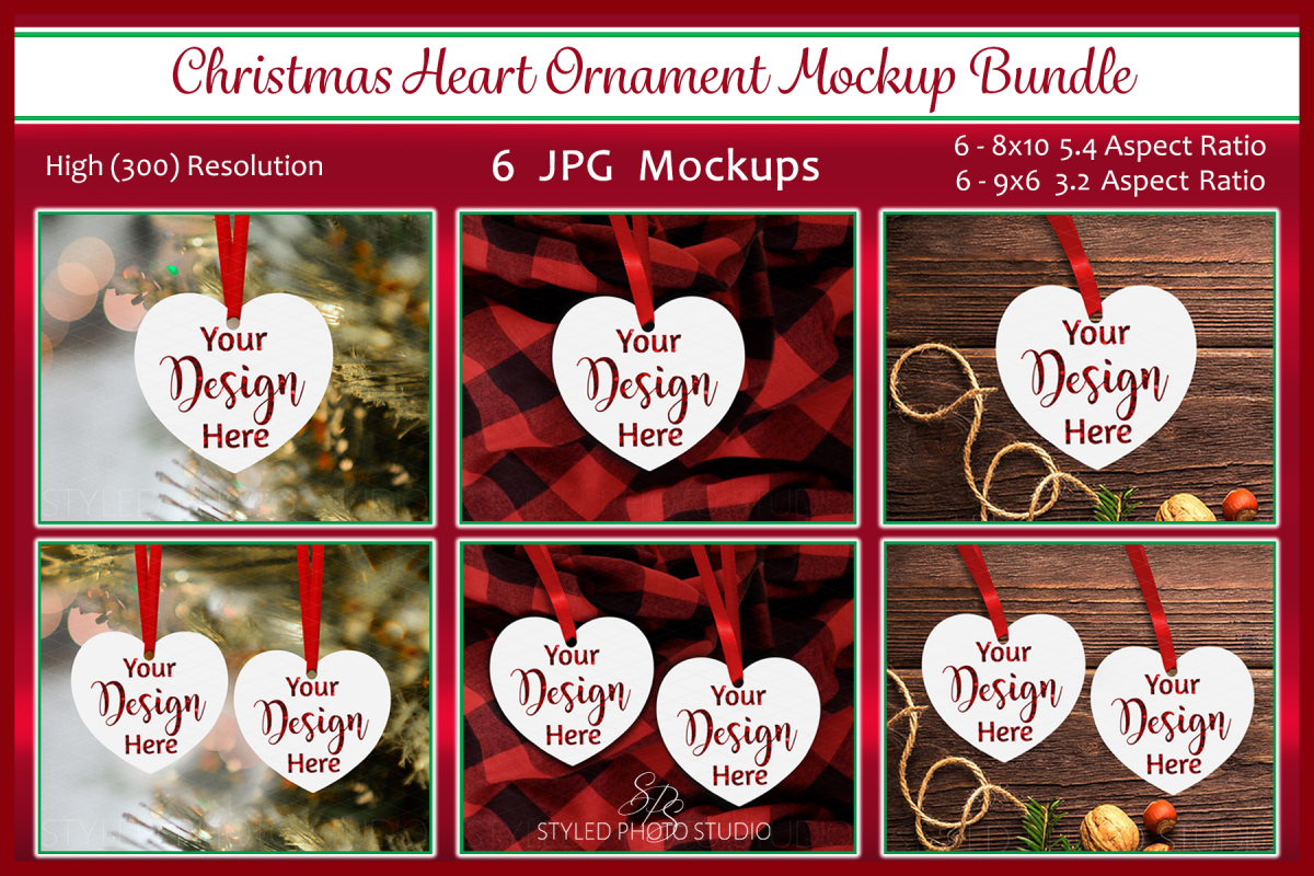 Christmas Heart Ornament Mockup Bundle, Bauble Mock Up, JPG example image 1