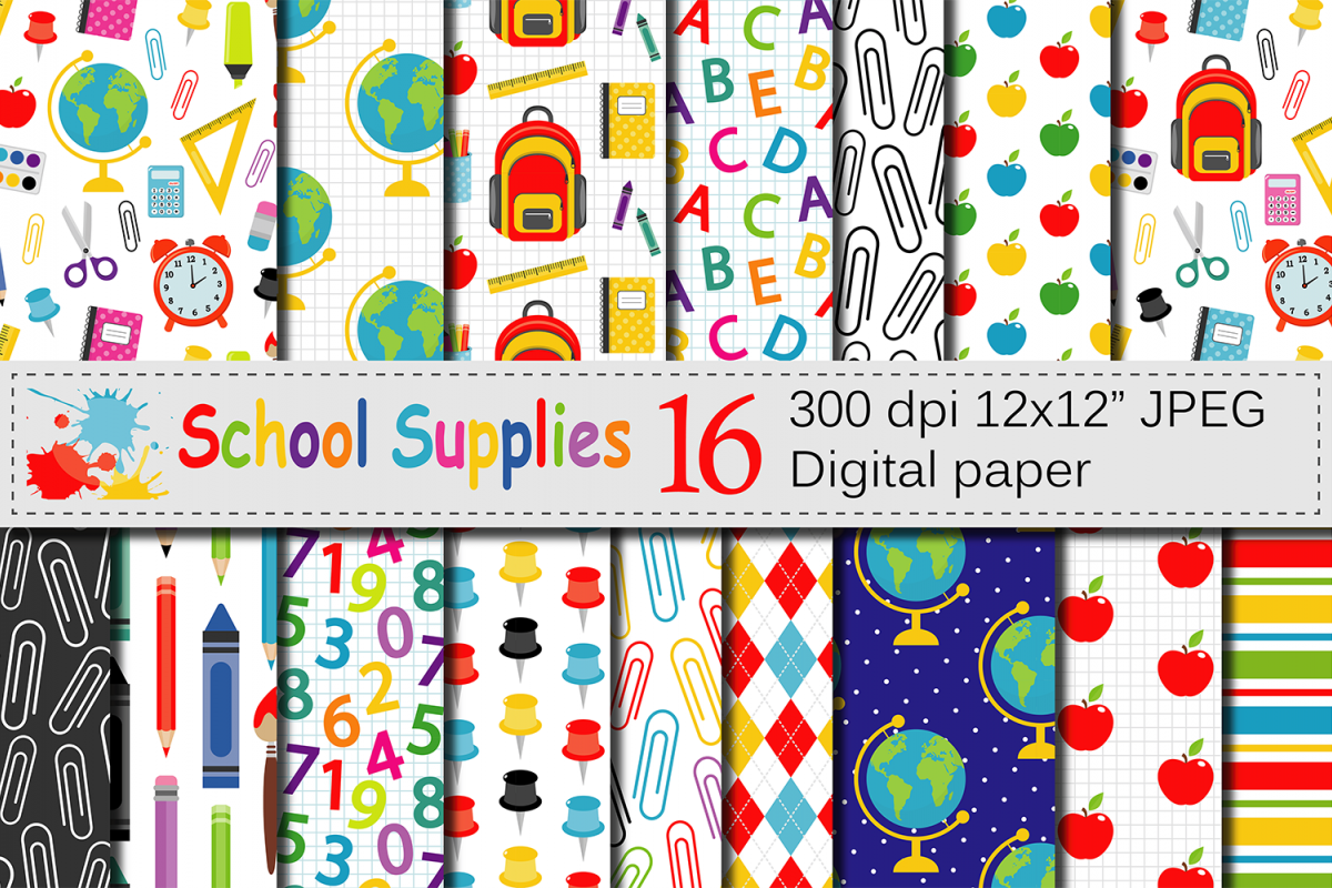 Back to School Digital paper / School Supplies pattern / School Background / Teacher Printable paper example image 1