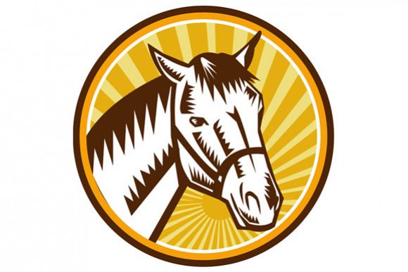 White Horse Head Sunburst Circle Woodcut example image 1