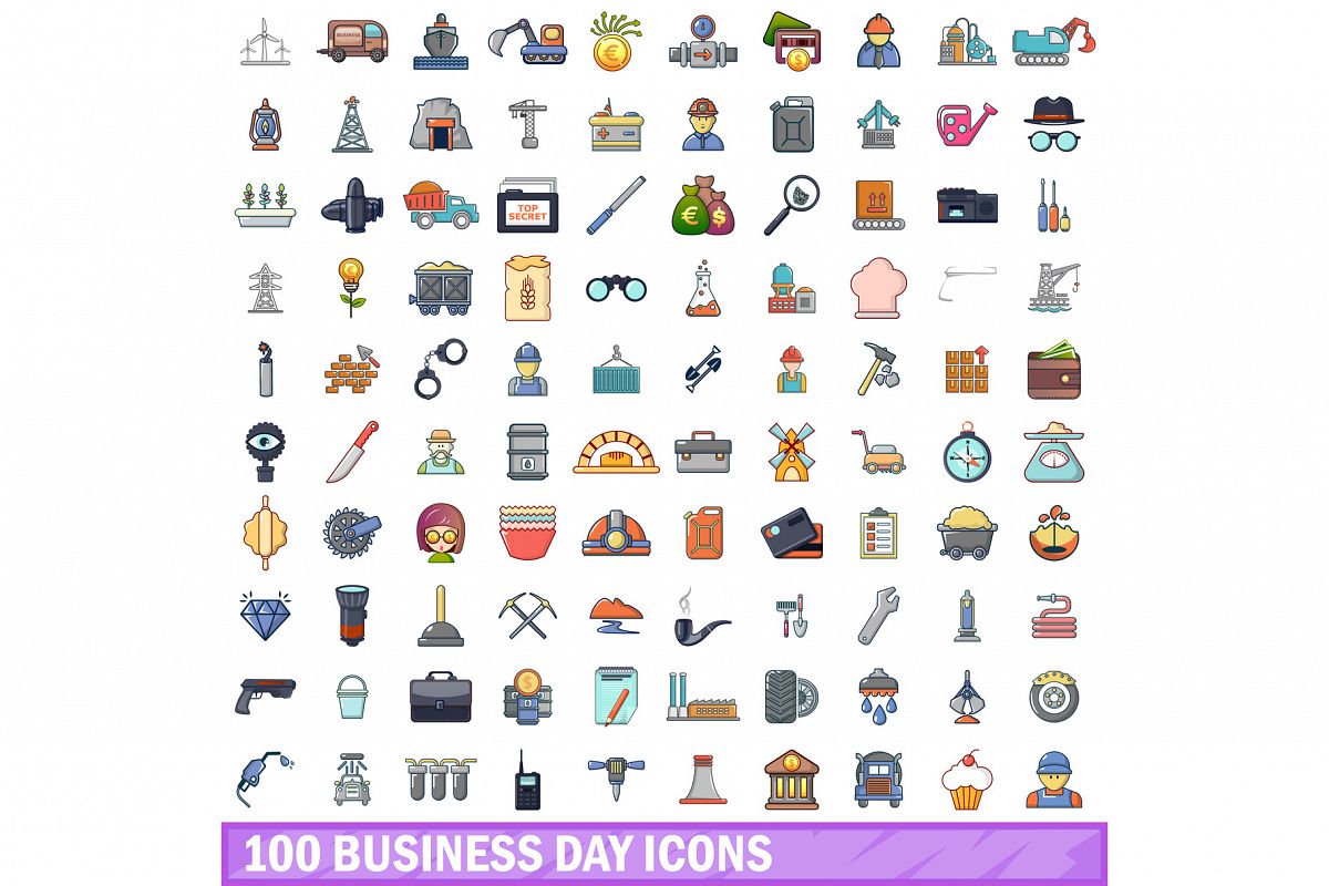 100 business day icons set, cartoon style example image 1