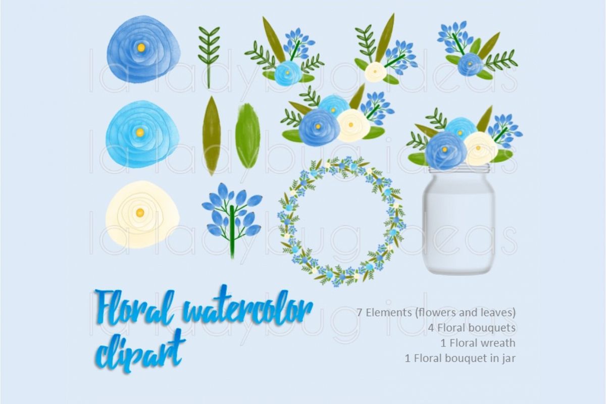 Blue and white floral watercolor clip art collection. example image 1