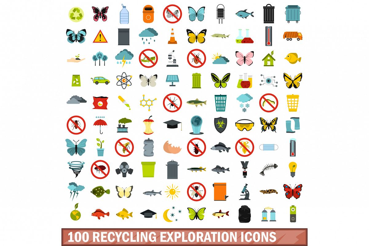 100 recycling exploration icons set, flat style example image 1