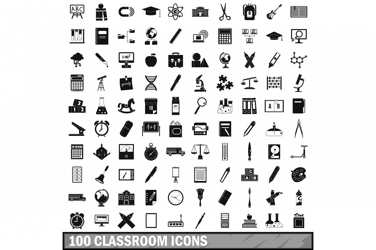 100 Classroom Icons Set Simple Style