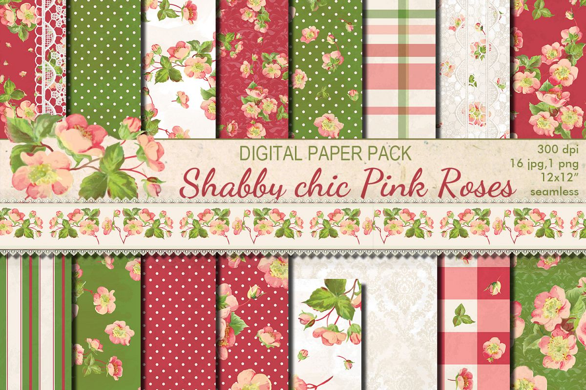 Shabby chic pink roses seamless patterns example image 1