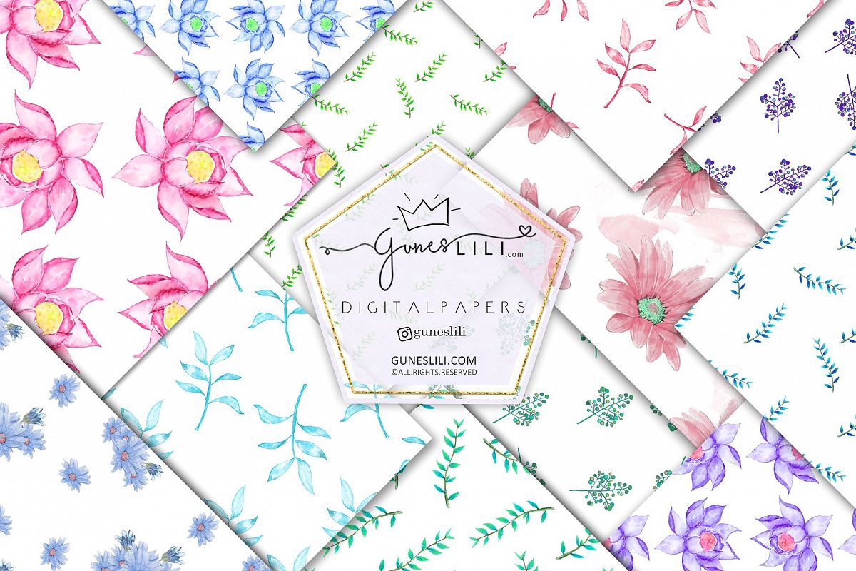 Watercolor Floral Digital Paper Pack Floral Seamless Pattern example image 1