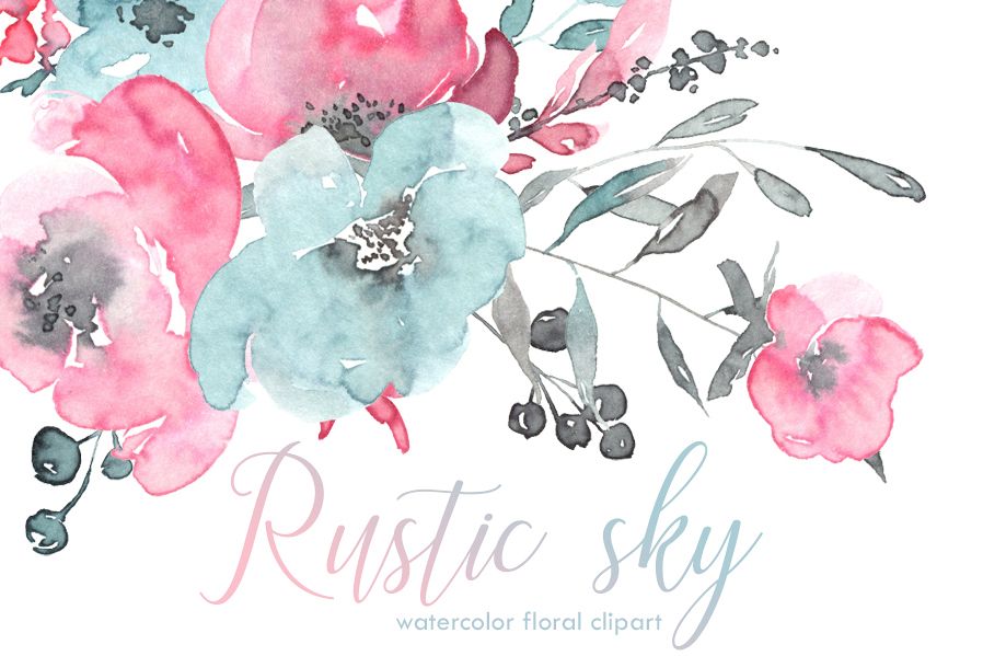Rustic Pink Blue Watercolor Flowers Rustic Pink Blue Watercolor Flowers Example Image 1