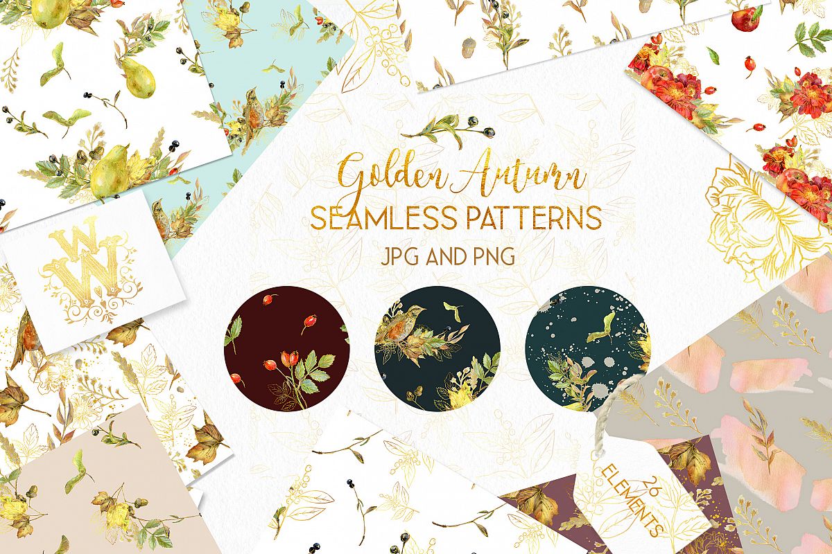 Autumn seamless pattern pack, golden fall digital paper example image 1