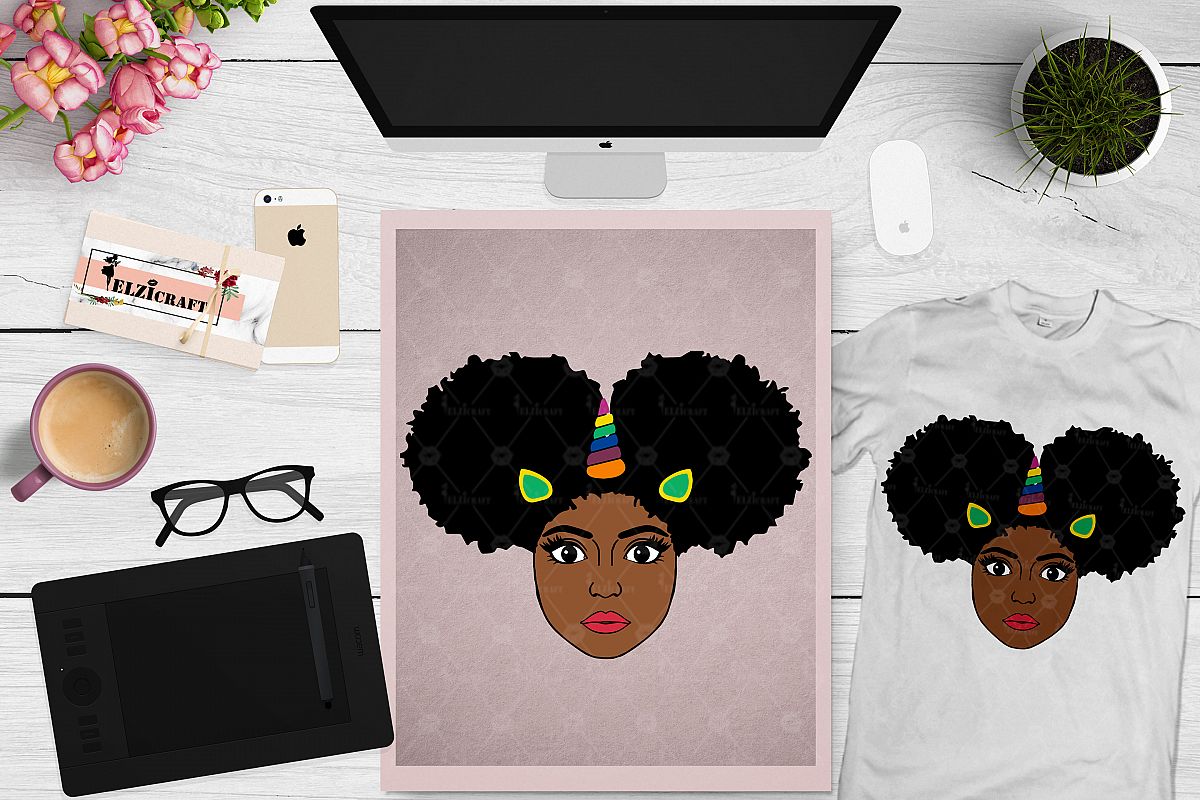 Afro Girl, Afro Puff, Afro Unicorn Face, Ears SVG Cut File example image 1