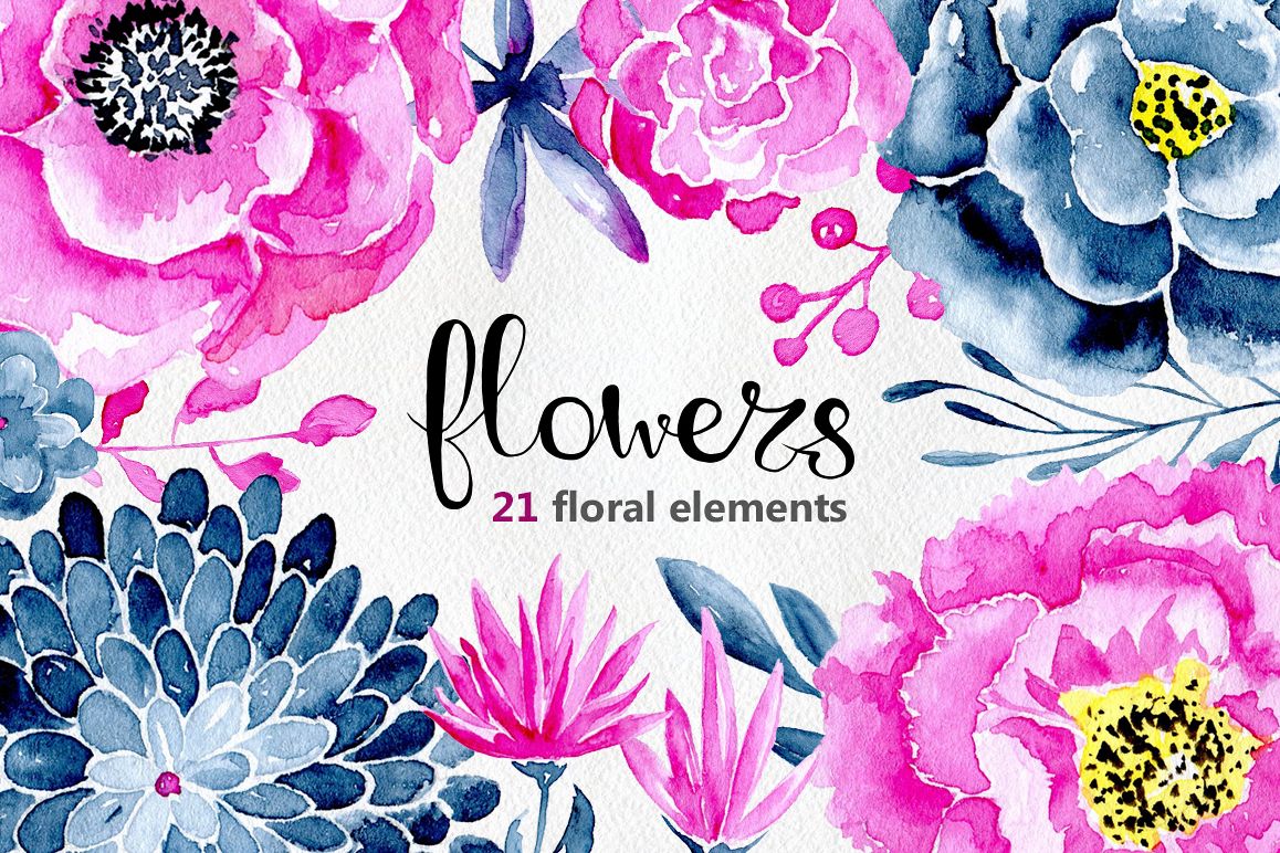 21 Watercolor floral elements purple and navy blue example image 1