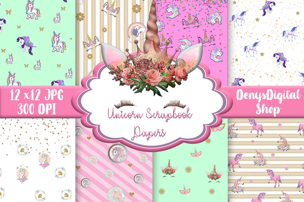 Unicorn Digital Papers, Unicorn, Unicorn Scrapbook, 50 OFF example image 1