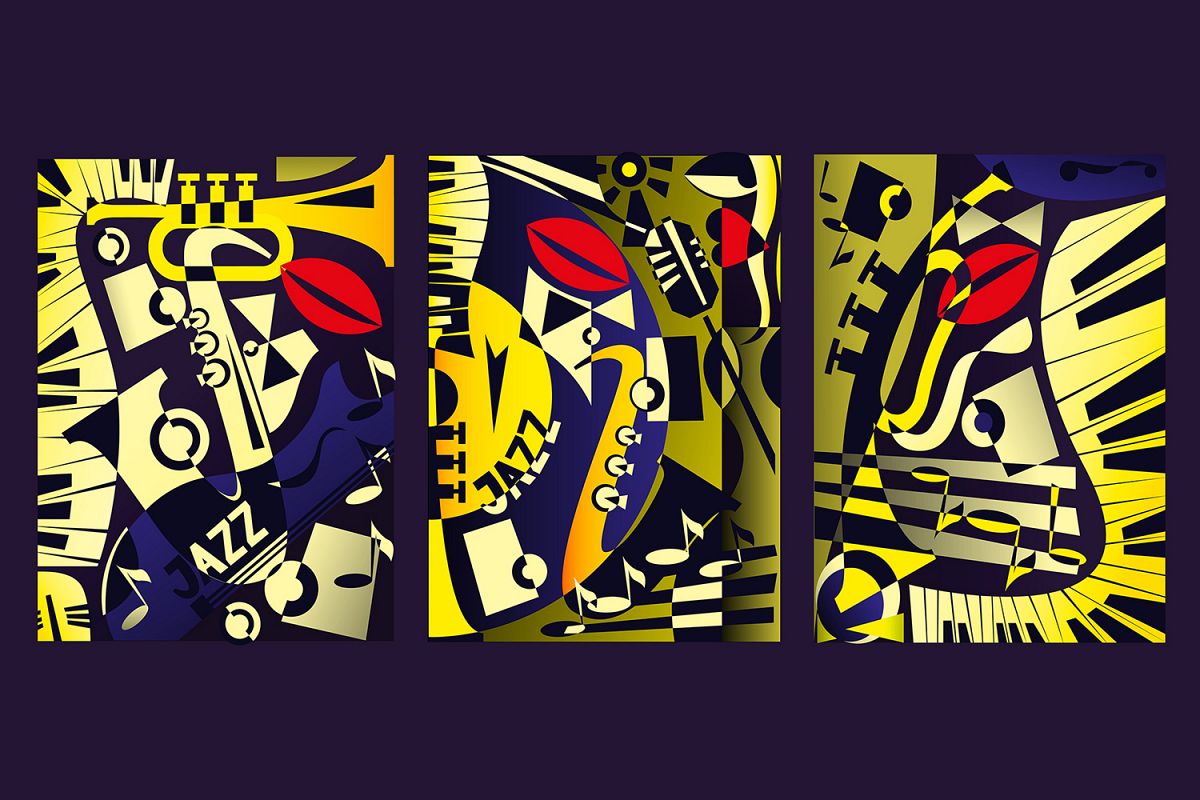 Triptych painting - jazz music in retro geometric abstraction style. Vector illustration example image 1