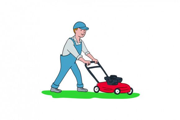 Gardener Mowing Lawn Cartoon (63656) | Illustrations | Design Bundles