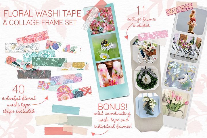 Download Floral Washi Tape and Collage Frames (84728) | Mock Ups | Design Bundles