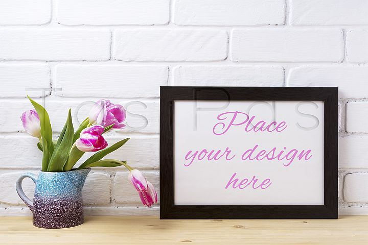 Download Black brown landscape frame mockup with pink tulip in purple blue vase (83225) | Mock Ups ...