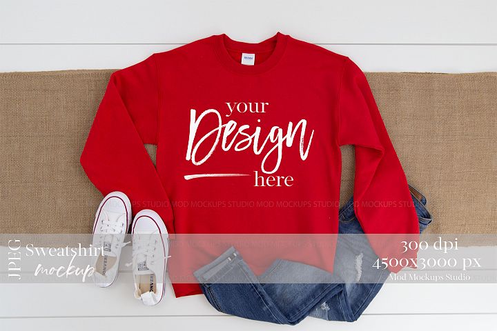 Download Gildan 18000 Mockup | Sweatshirt Mockup RED (315653) | Mock Ups | Design Bundles