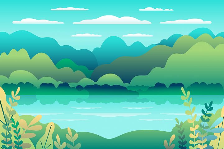 Hills landscape in flat style design. Valley with lake (268697