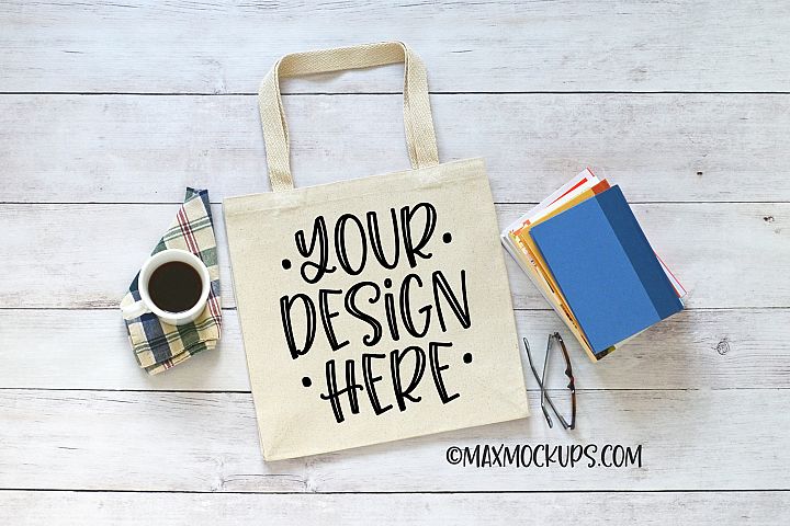 Canvas tote bag mockup, books and coffee theme (232365) | Household | Design Bundles
