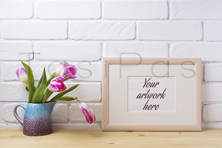 Download Wooden landscape frame mockup with pink tulip in purple ...